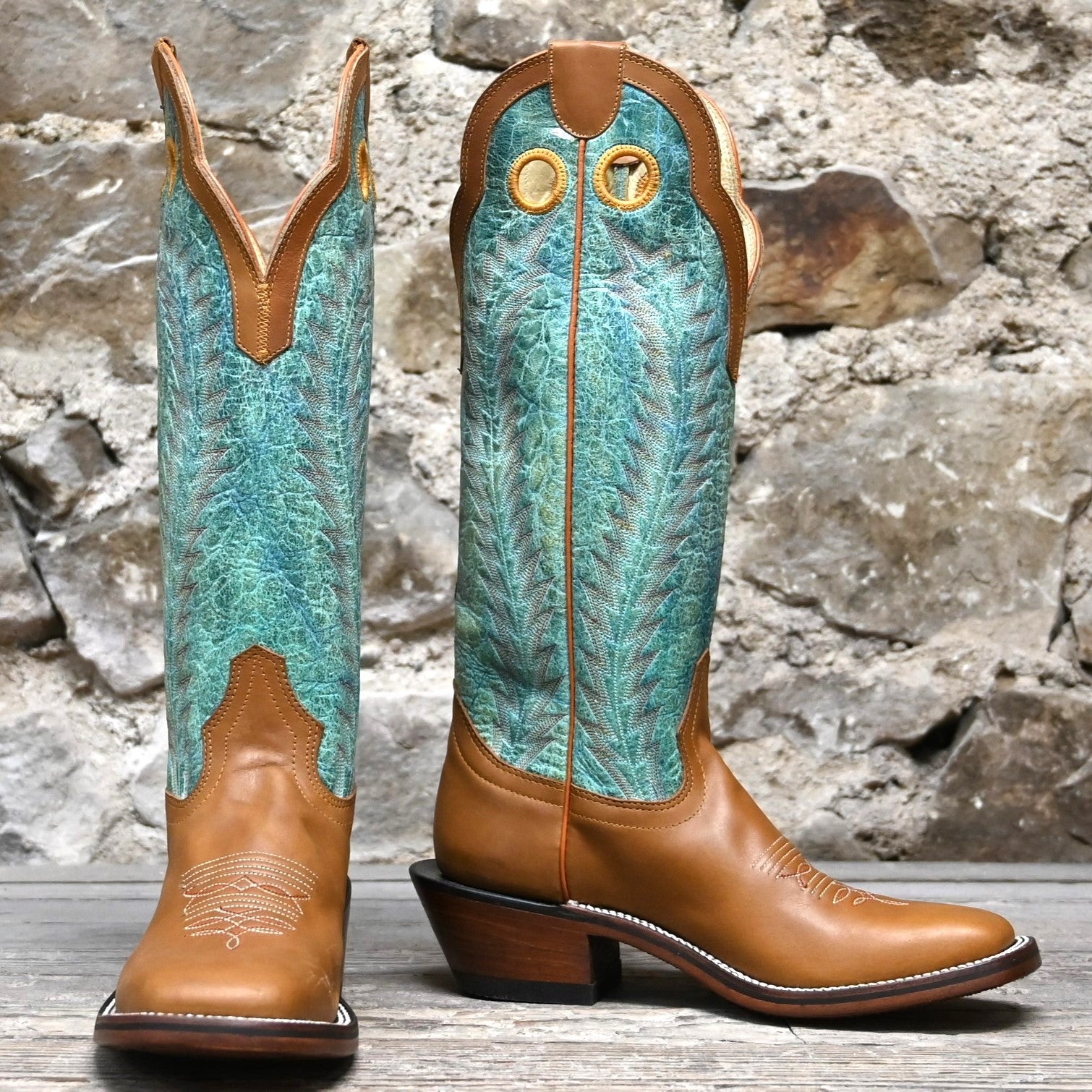 View of Hondo 16" cowboy boot with turquoise crater top, honey crazy horse vamp, wide square toe, and pull holes