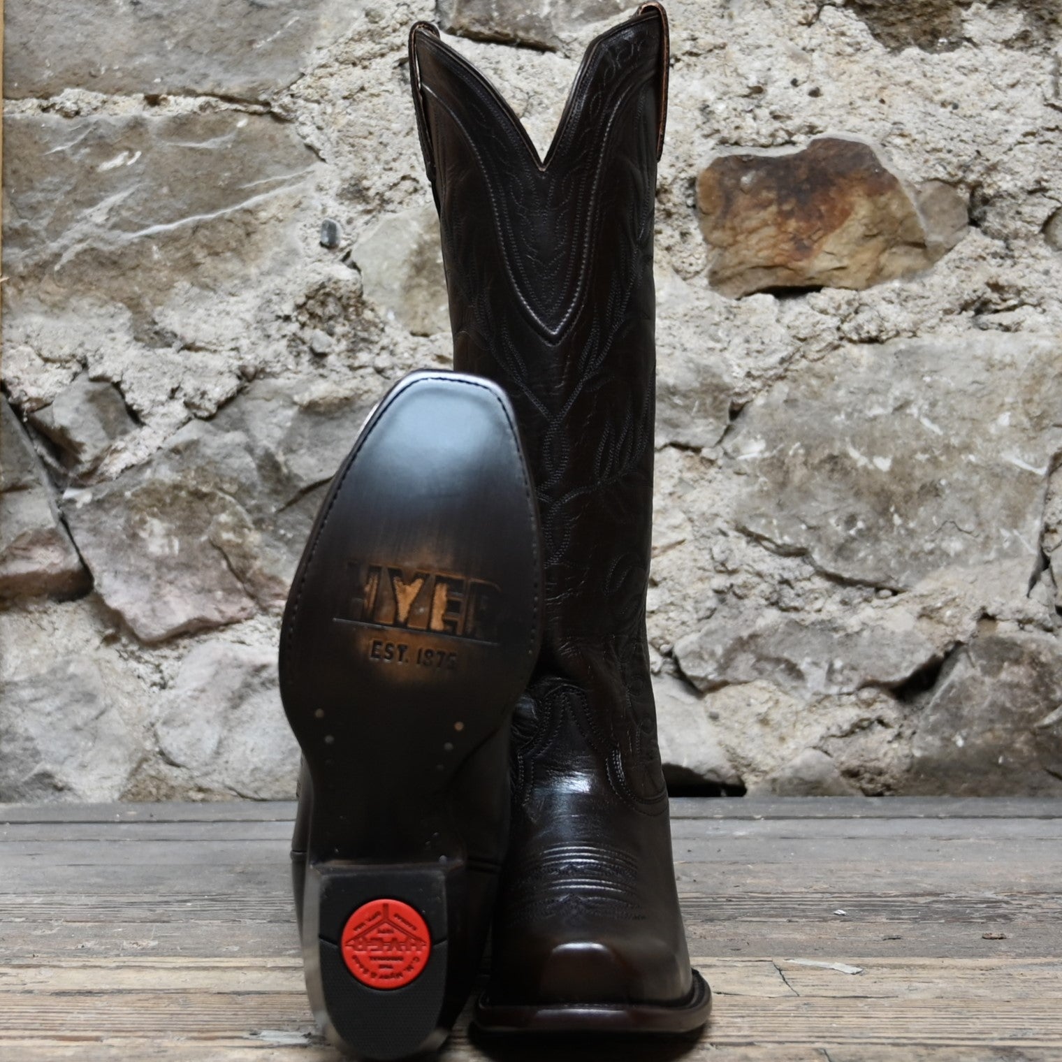 View of Hyer ABBYVILLE 16" boots in Brown Top with Brown Vamp featuring Wisteria stitch pattern and leather pull straps