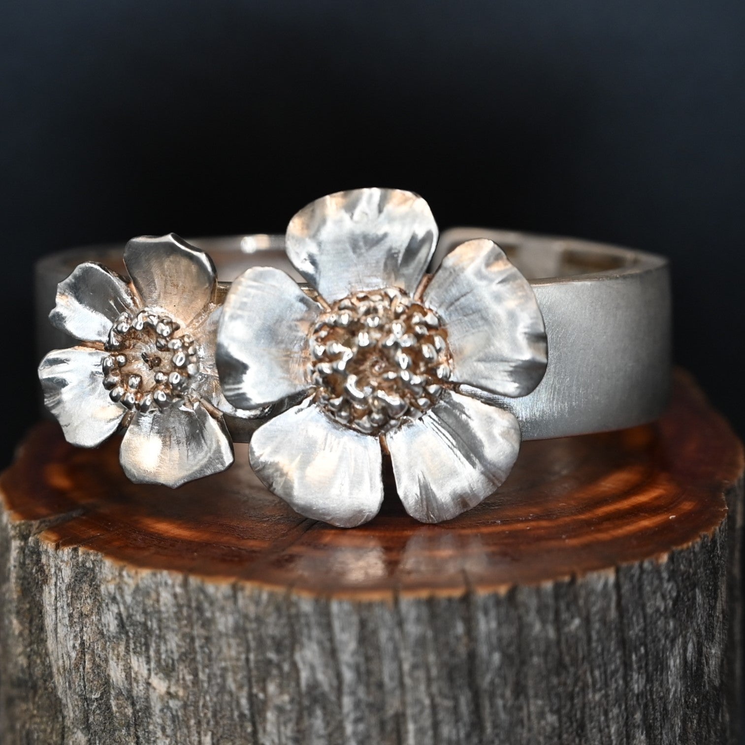View of bracelet Ellie Thompson & Co. Duet Wild Rose Cuff Bracelet in Sterling
