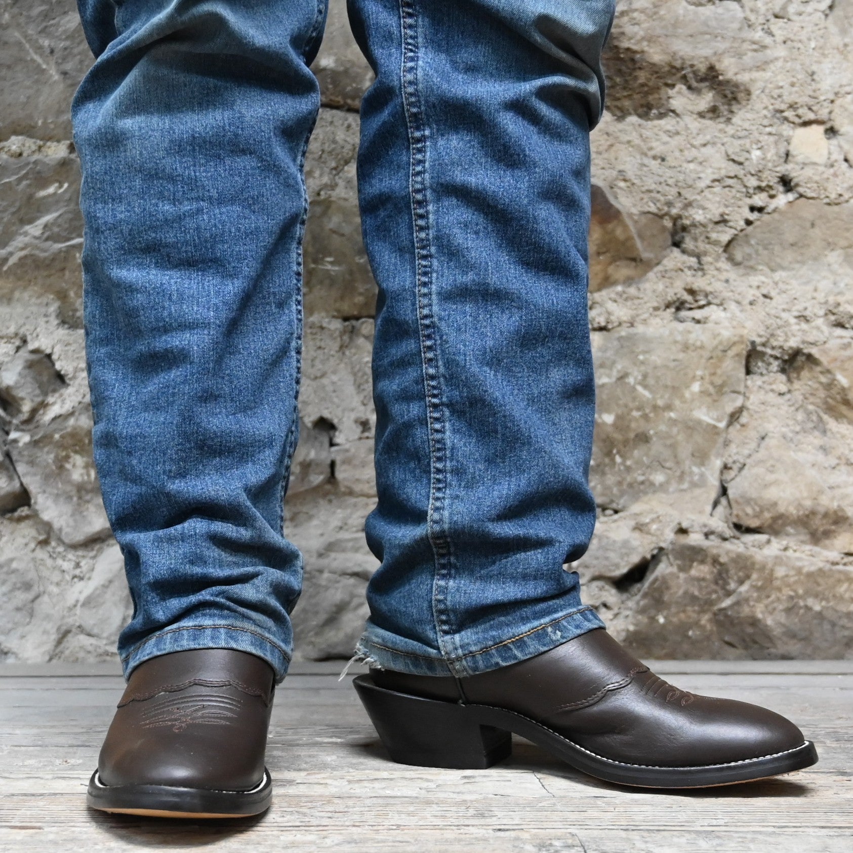 View of Hondo 16" cowboy boot with forest green retan-lined top, brown retan vamp, medium round toe, and spur ledge
