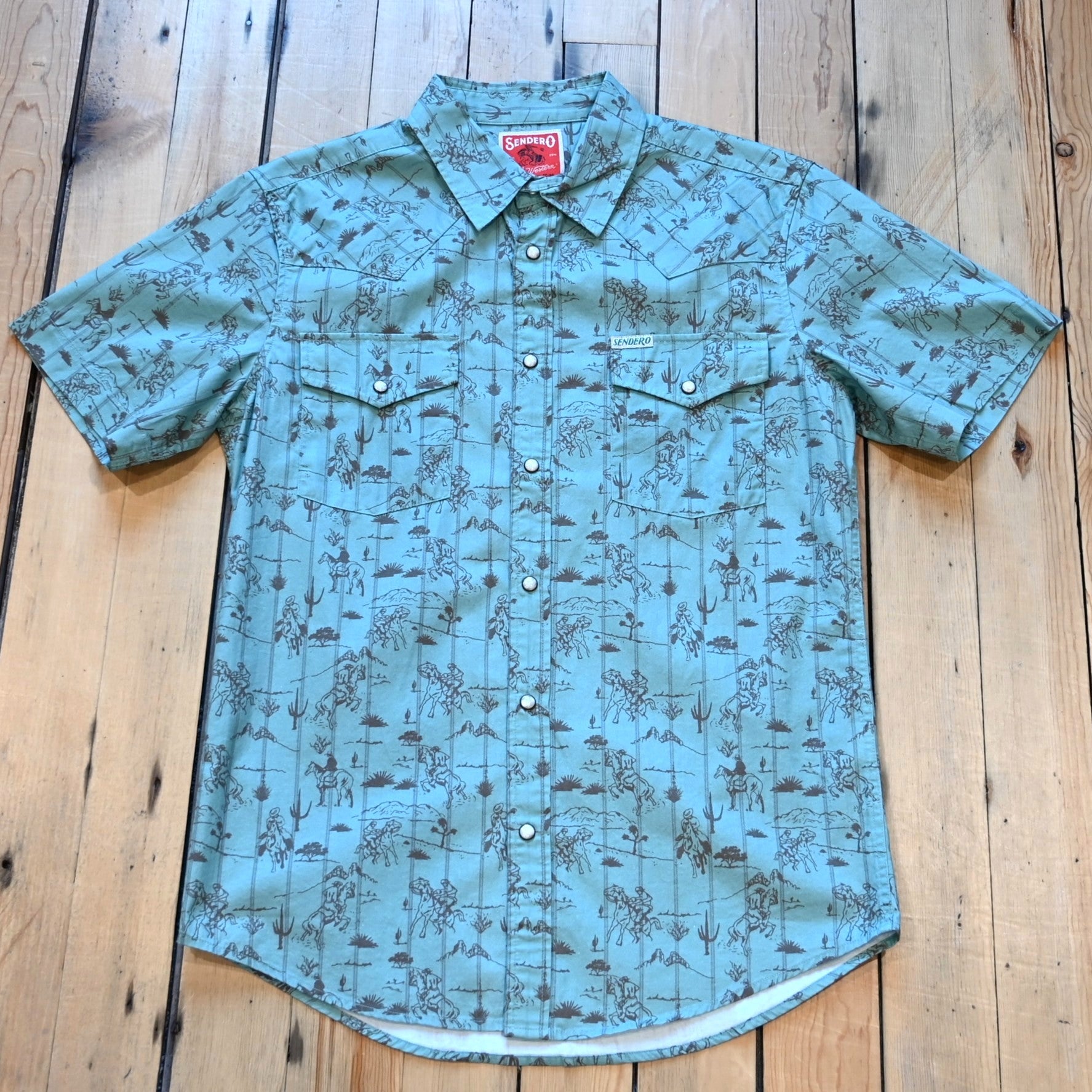 View of Sendero short sleeve pearl snap shirt in Azulado Desert Rodeo serape print