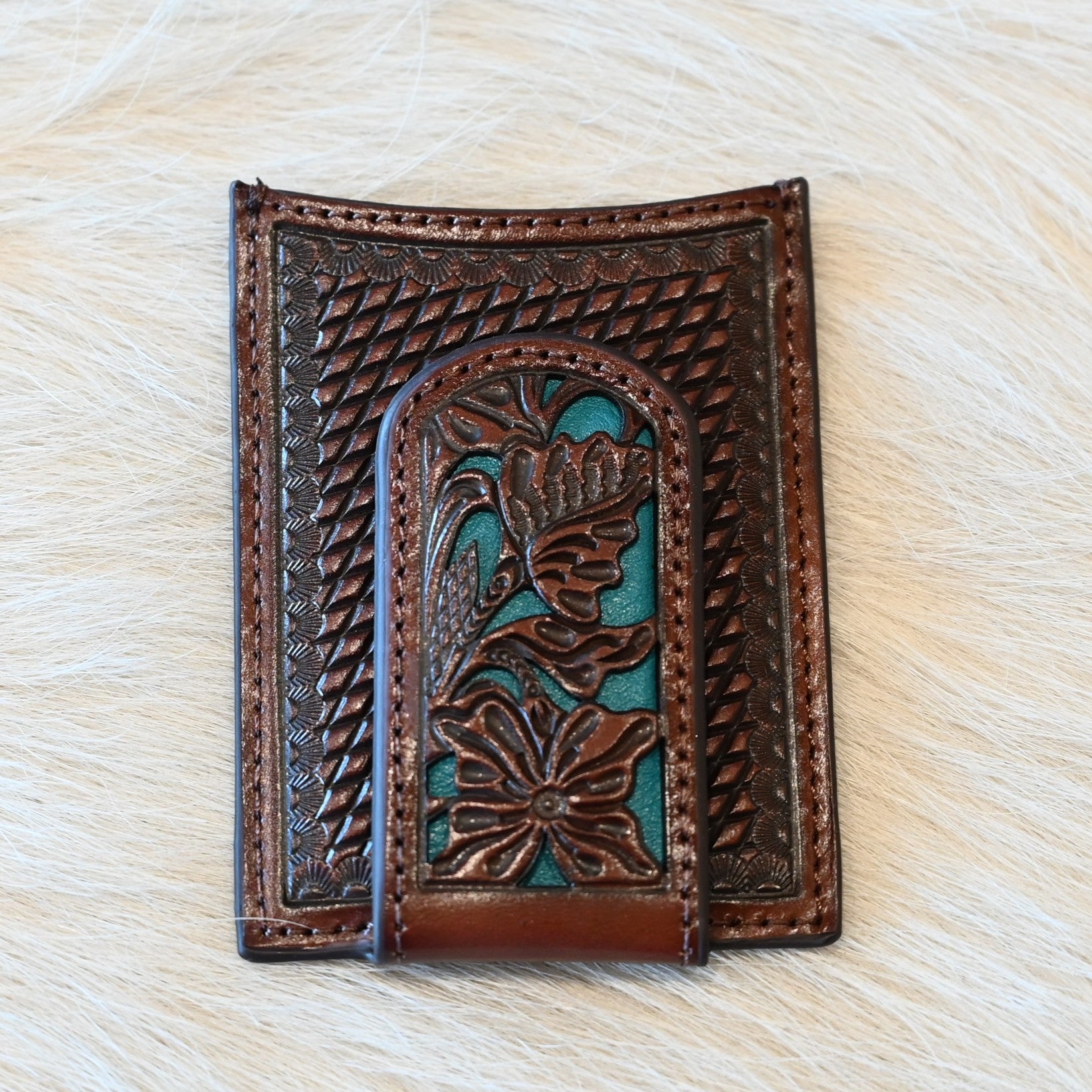 Card Case With Money Clip With Floral Pattern and Turquoise In-lay