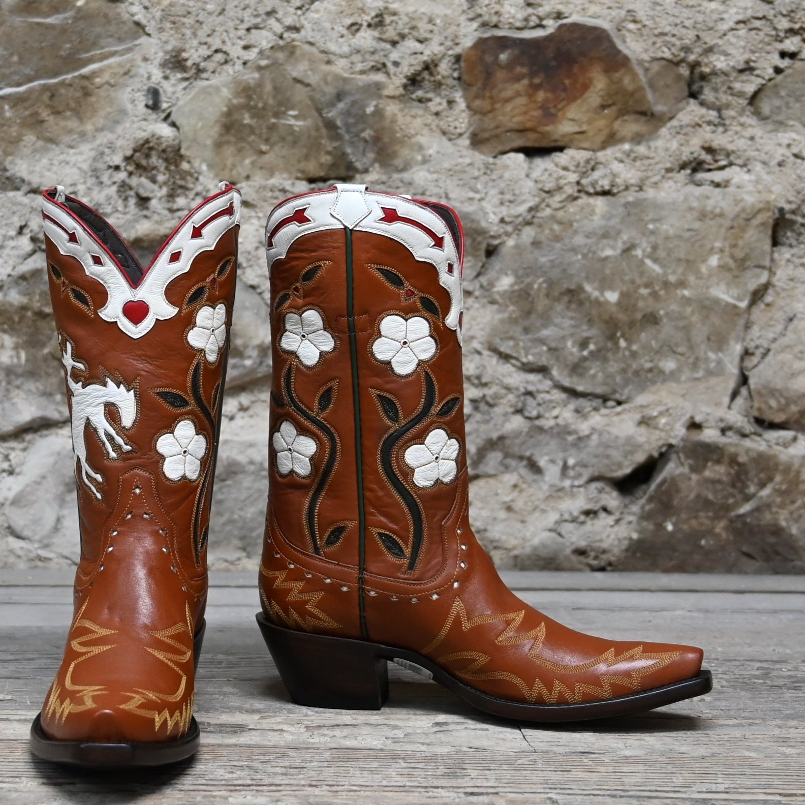 View of Stallion Ladies O.S. "Bronco" boots in cognac calf with bone, red, and green inlays