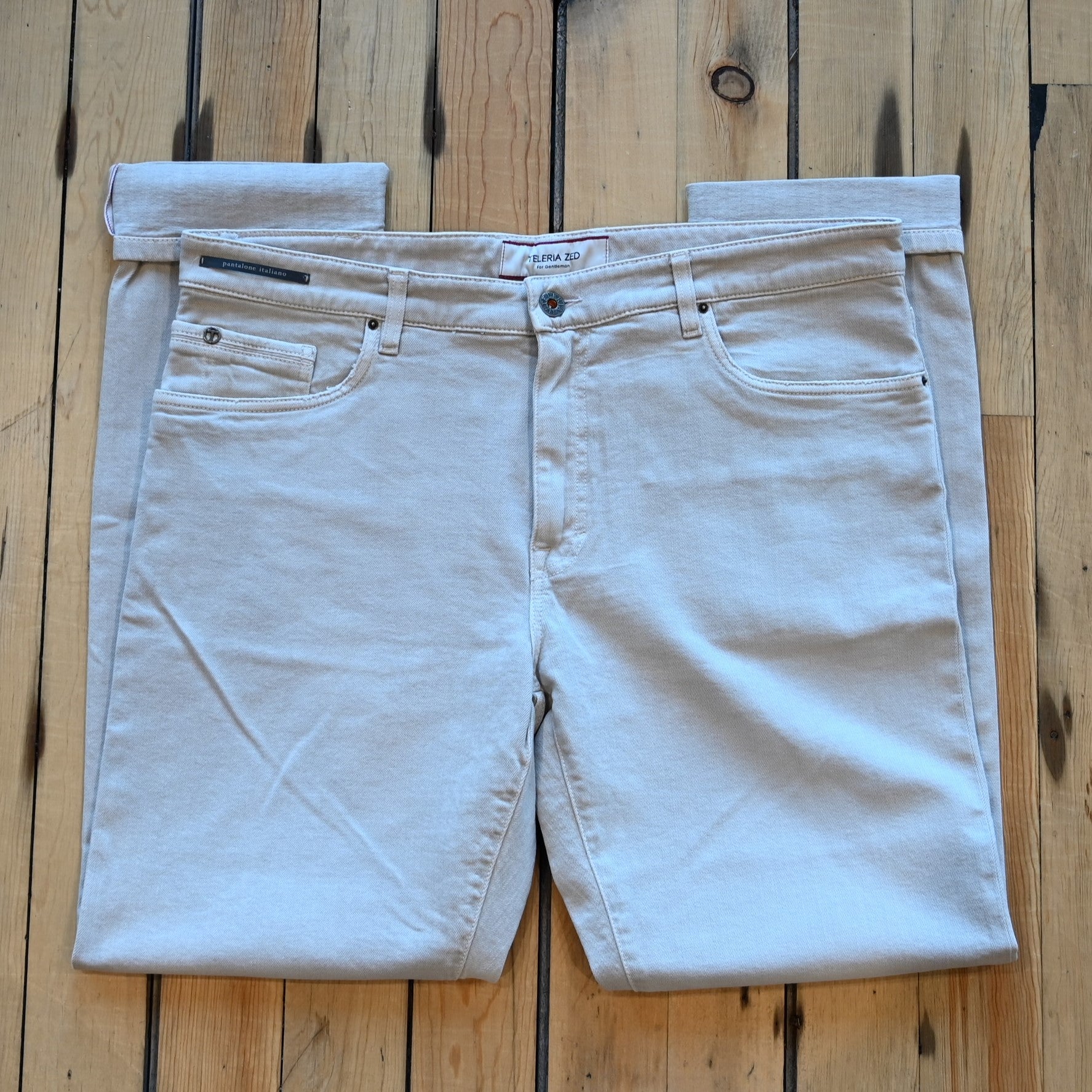 Teleria Zed 5 Pocket Jeans in Sasso soft Italian stone-gray denim with classic five-pocket design