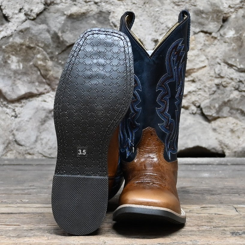 Smoky Mountain Rustler kids’ boot in brown waxed leather with navy shaft and square toe