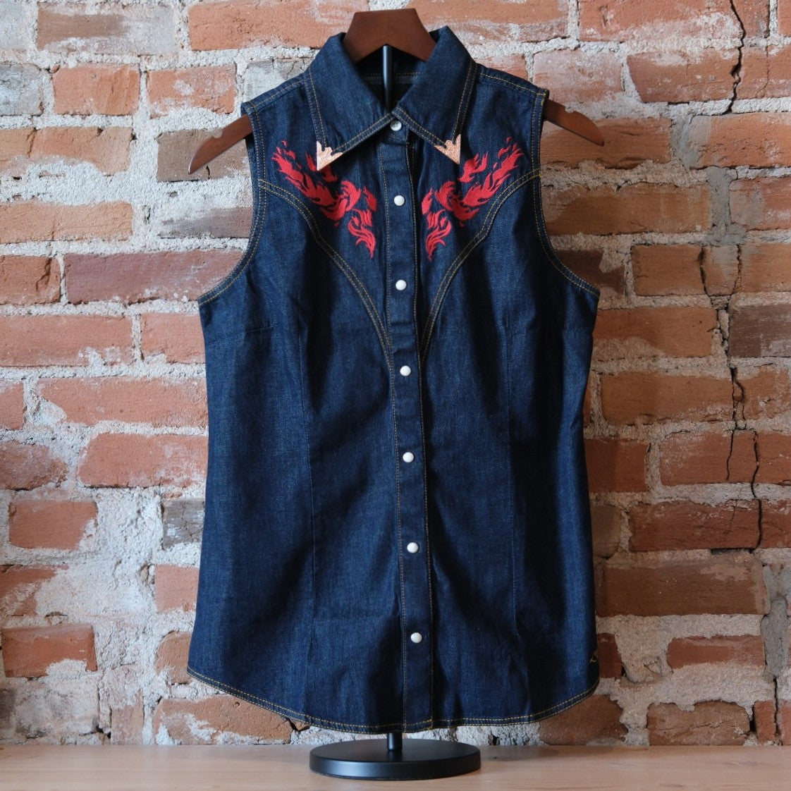 Wrangler x Lainey Wilson Embroidered Sleeveless Denim Shirt in Dark Rinse