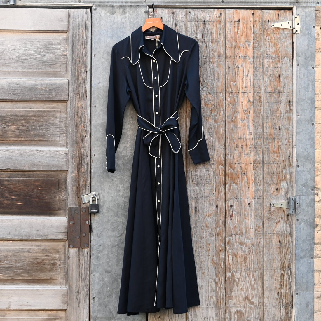 Black Route 66 embroidered dress with Southwestern motifs by Double D Ranch