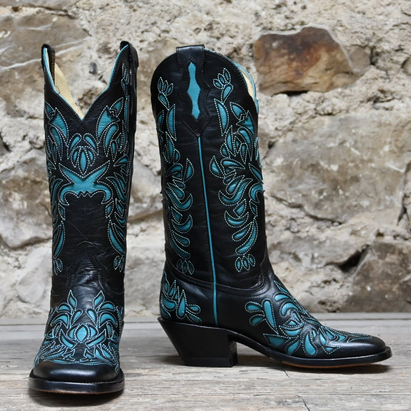 View of Hondo 13" black volcano cowboy boot with turquoise inlays and wide square toe