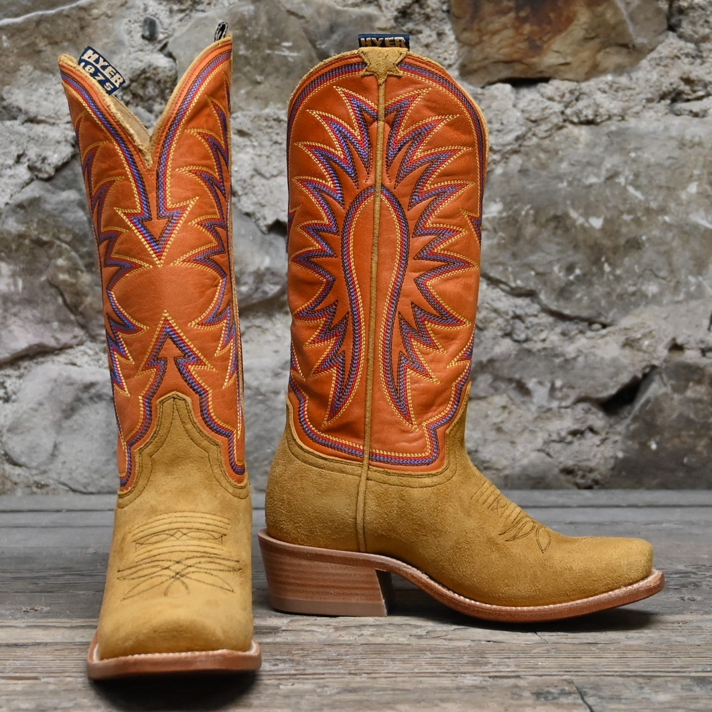View of Hyer ROSE HILL 13" boots showcasing tangerine vintage goat top and bronze napped roughout cowhide vamp with Cutter toe and leather stacked heel
