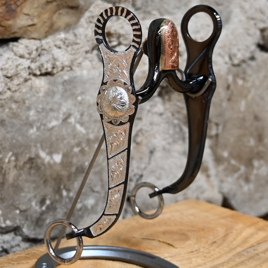 JT Silversmiths black grazing bit with silver inlay and San Joaquin wide hooded half breed mouthpiece