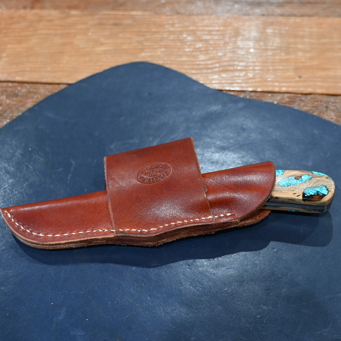 Moore Maker Damascus small game hunter knife with cholla wood handle and turquoise inlay