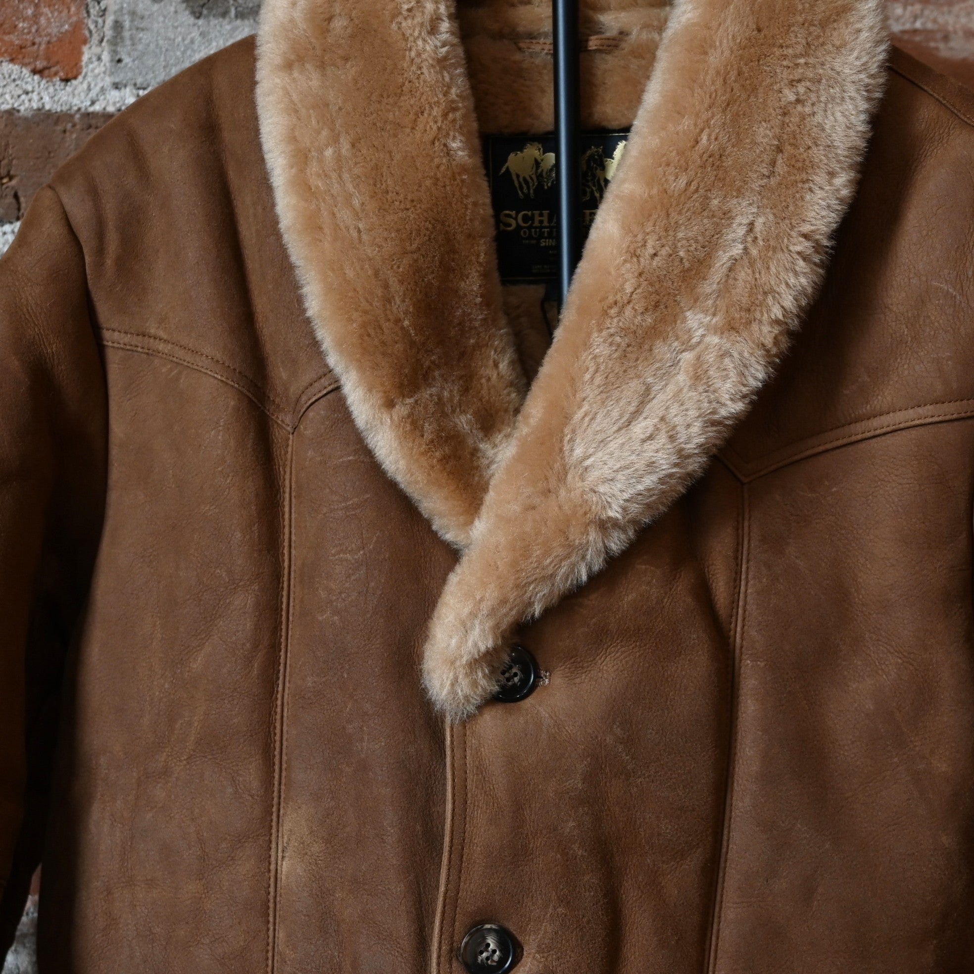 Schaefer brown shearling coat drop-in pockets lower hip length