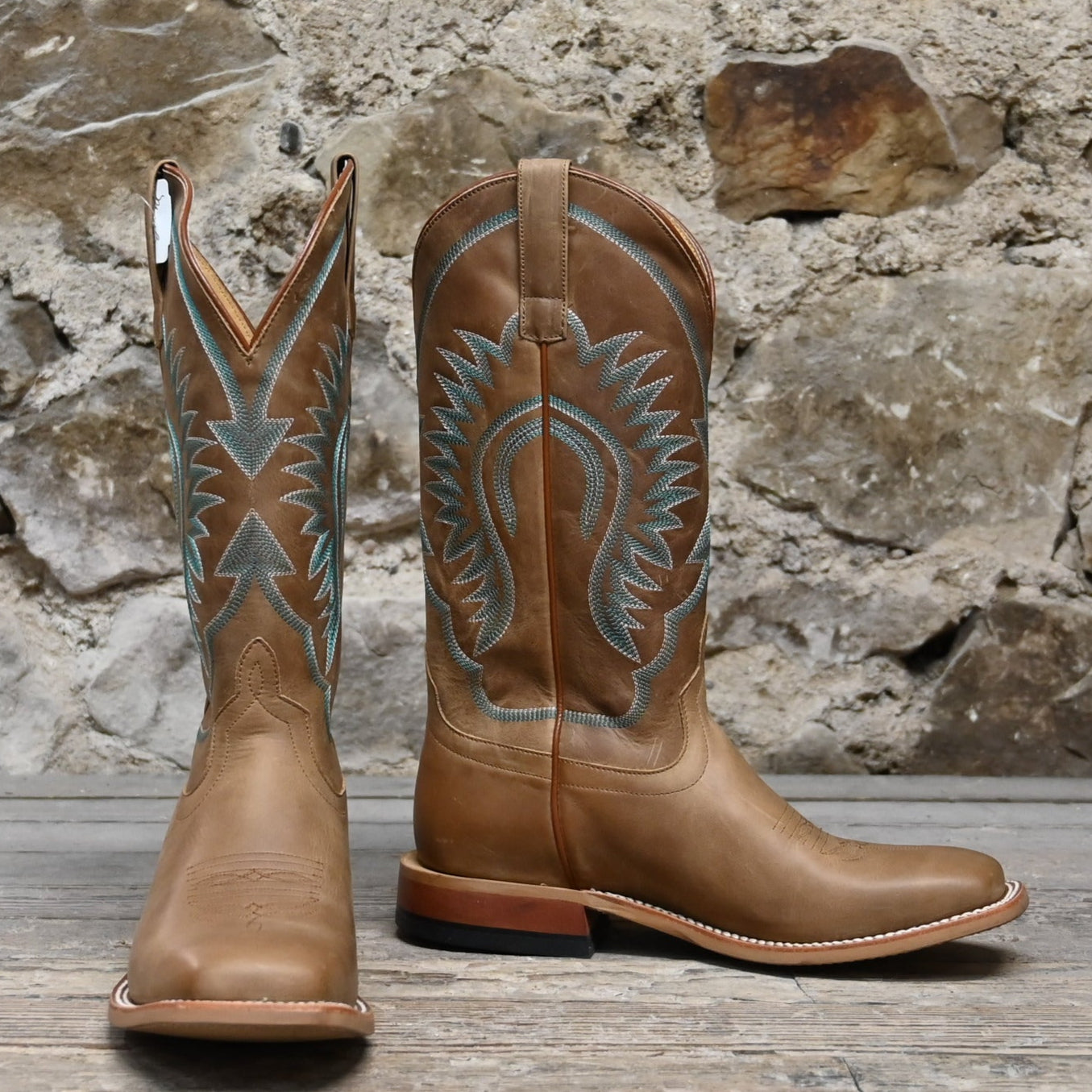 View of Macie Bean 13″ “A Perfect Tan” boot in tan leather with almond toe and City Girl heel