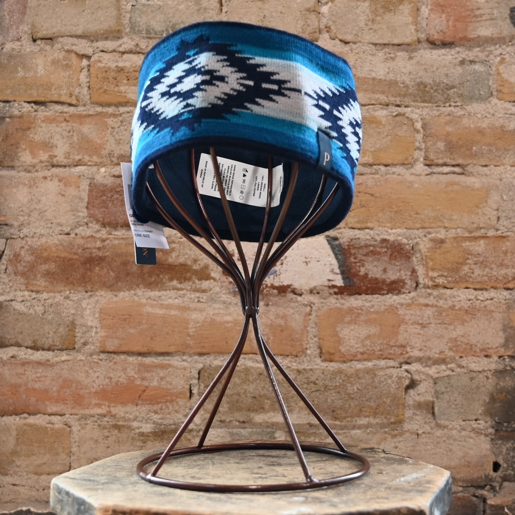 View of Pendleton blue Aztec-pattern fleece-lined Saltillo Sunset knit headband