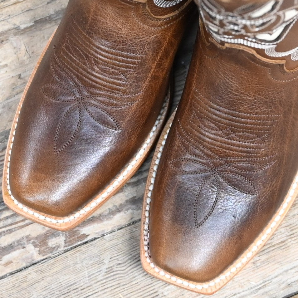 Hyer ROZEL 13" boots showcasing walnut cowhide vamp and top with cream cowhide underlay design, Cutter toe, and leather stacked heel