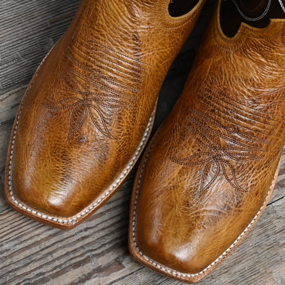 Hyer RILEY 13-inch boot with black shrunken calf vamp, tan vintage goat top, and cutter toe.