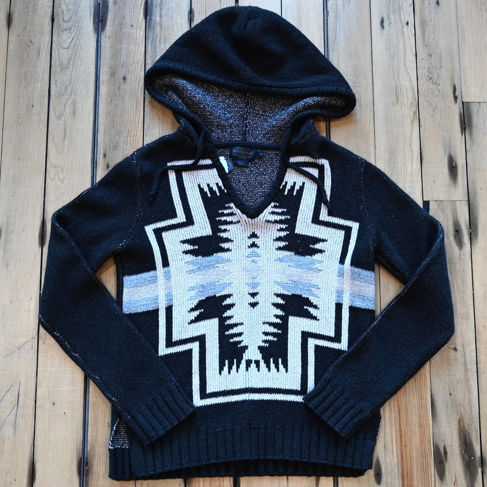View of Pendleton ladies Harding cotton hoodie in Black Heather Multi with bold front pattern