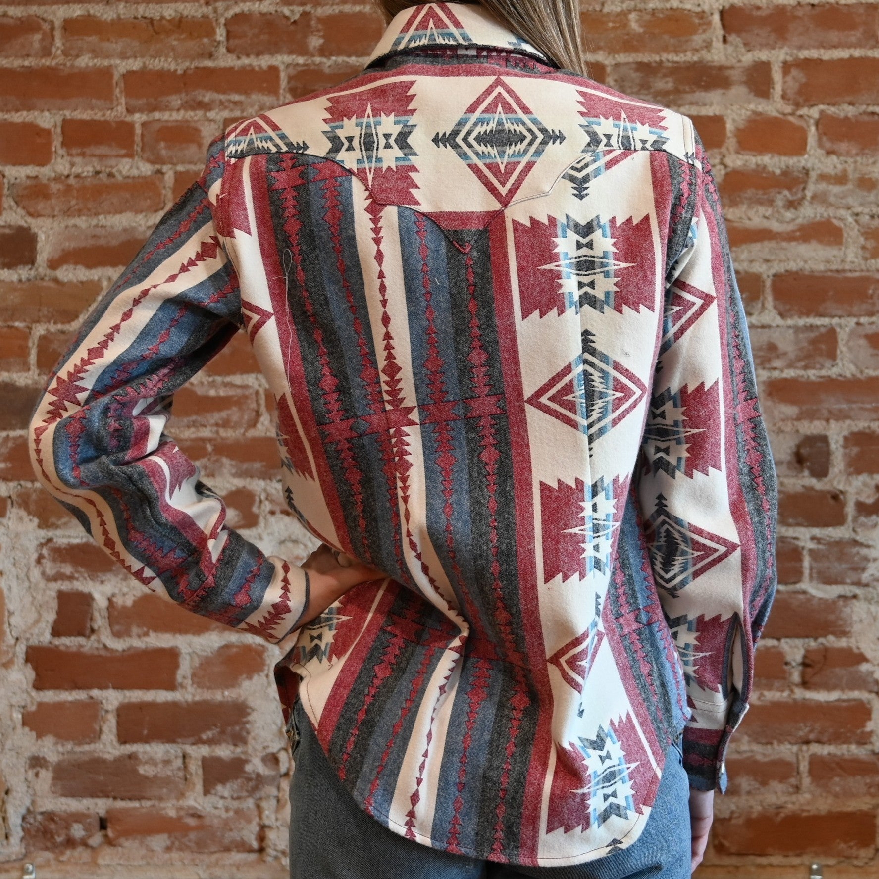 Rockmount ladies flannel western shirt in red and white jacquard pattern