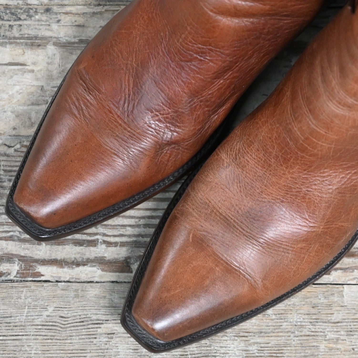 View of Stallion Men’s Zorro zip boot in cognac calf with buckstitching and snip toe