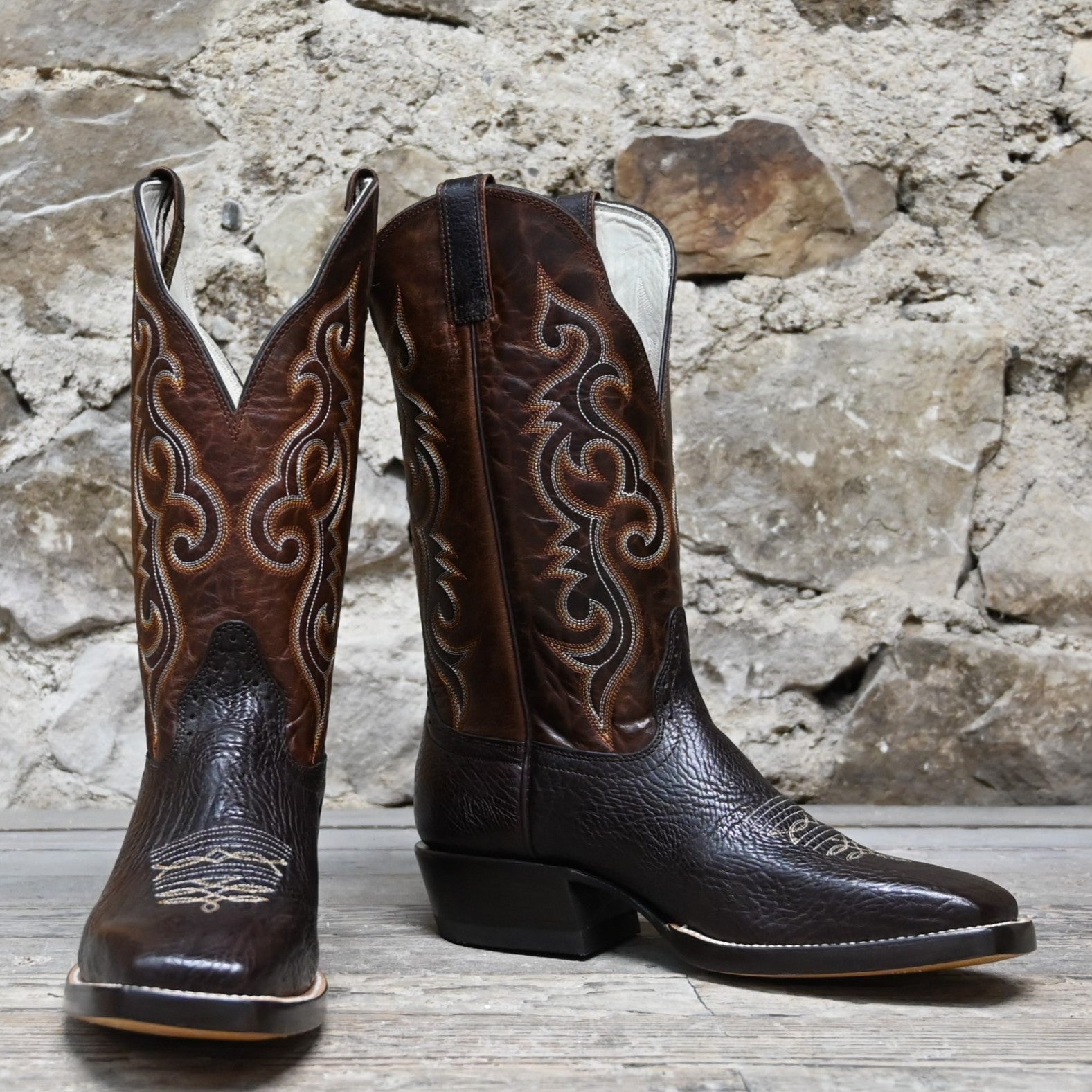 View of Hondo 13" cowboy boot with brown volcano top, chocolate Spanish shoulder vamp, and medium square toe