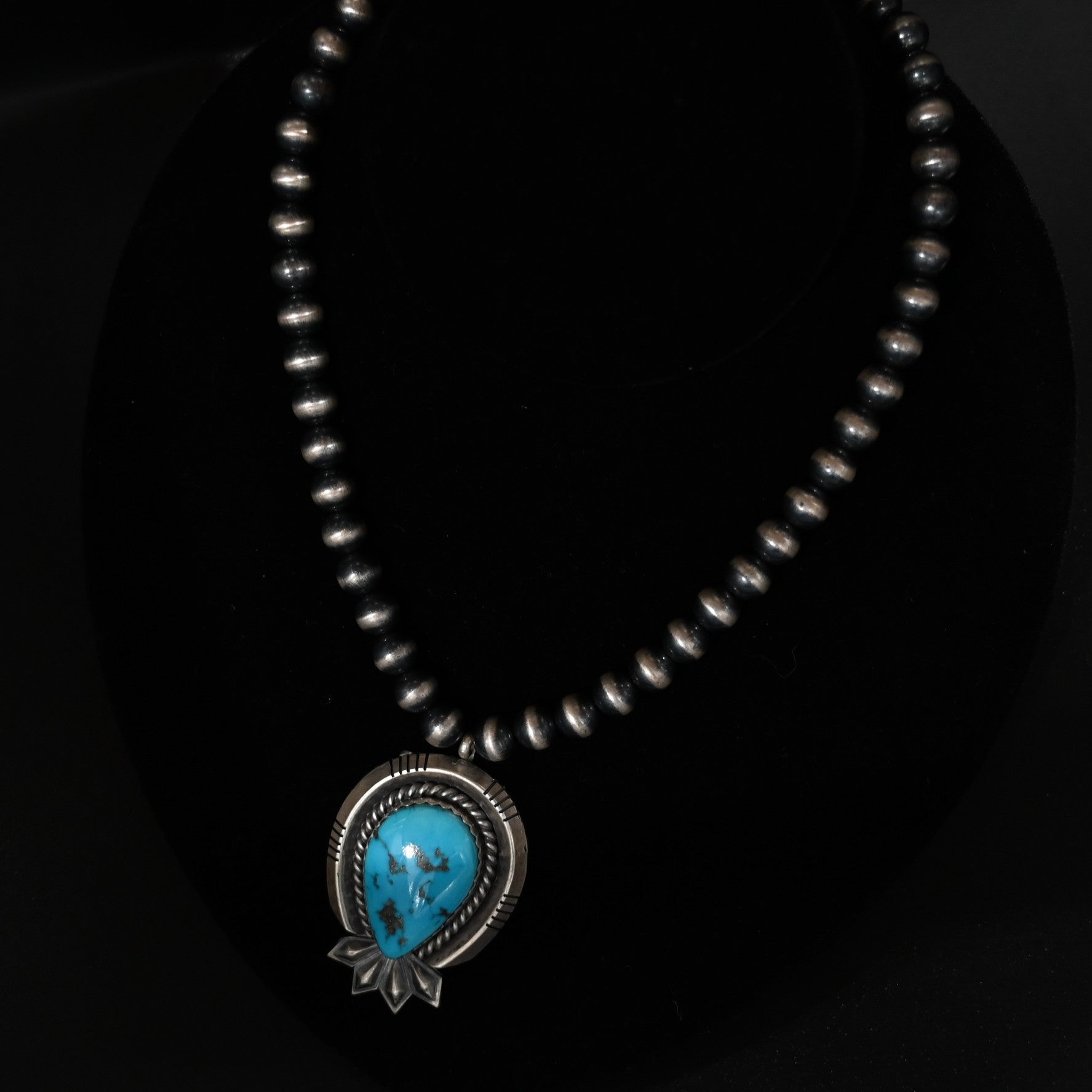 View of Sunwest Silver Oxidized Bead Necklace with Morenci Turquoise featuring oxidized silver beads and vibrant Morenci turquoise stone