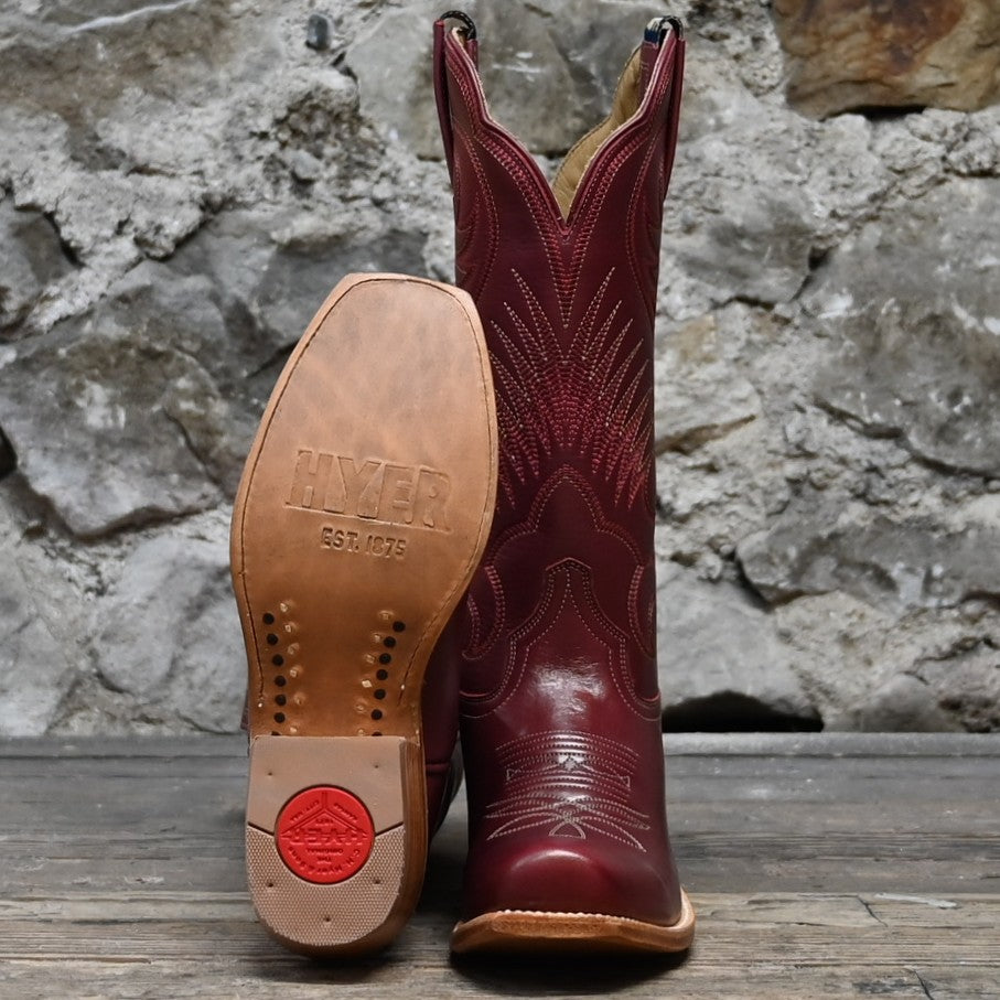 Hyer Leawood ladies’ red cowhide cutter toe boot with 13-inch shaft and historic stitch detailing.