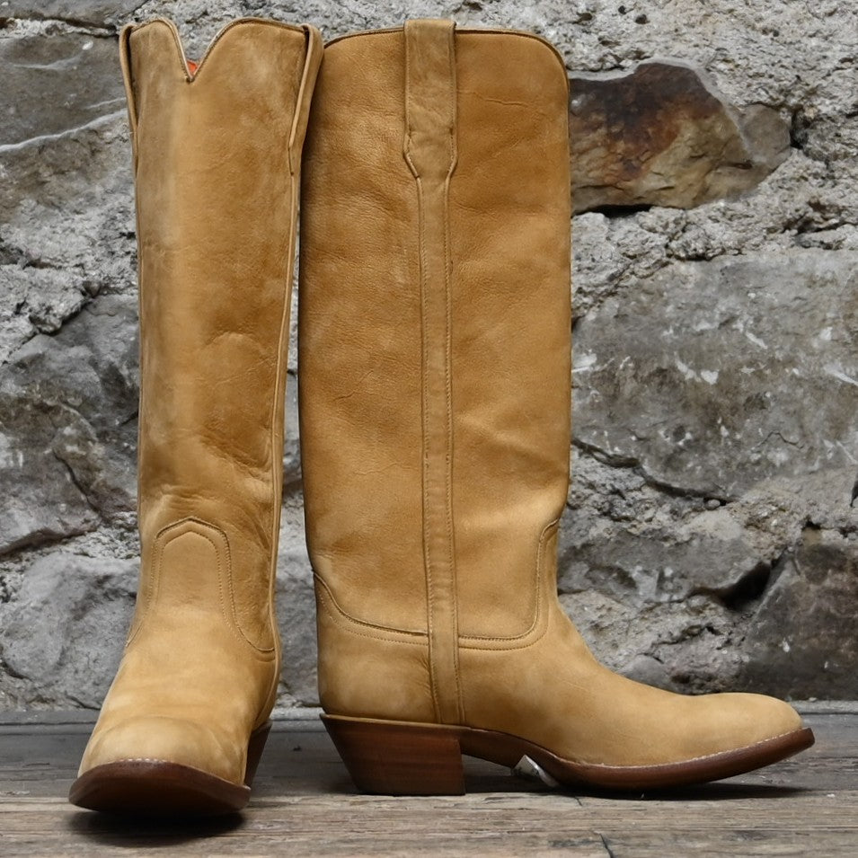 View of Stallion Ladies 16" boots in Tan Nunuck leather with B toe and stacked heel