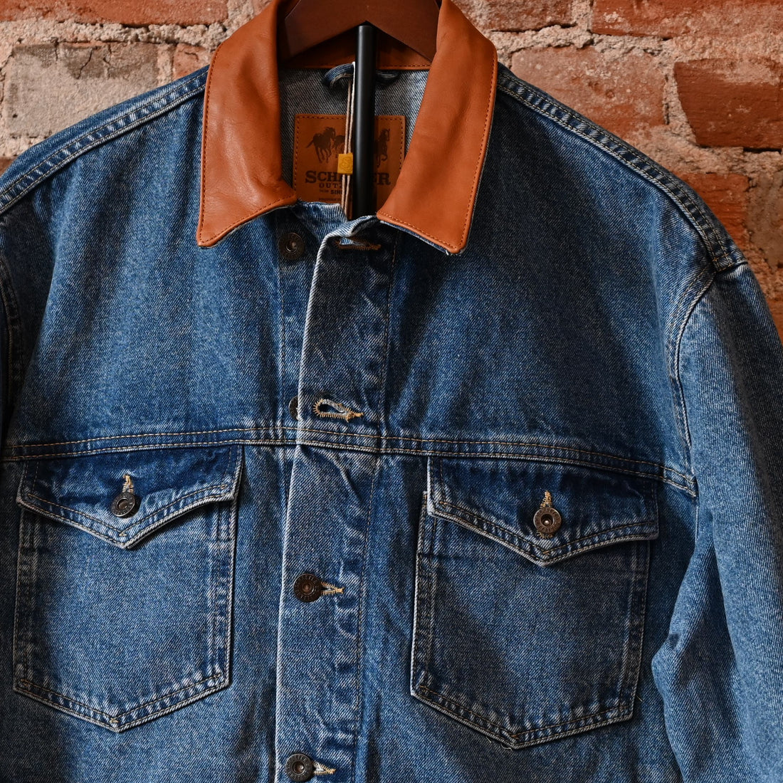 Schaefer Legend medium indigo denim jacket with leather collar and Western yoke