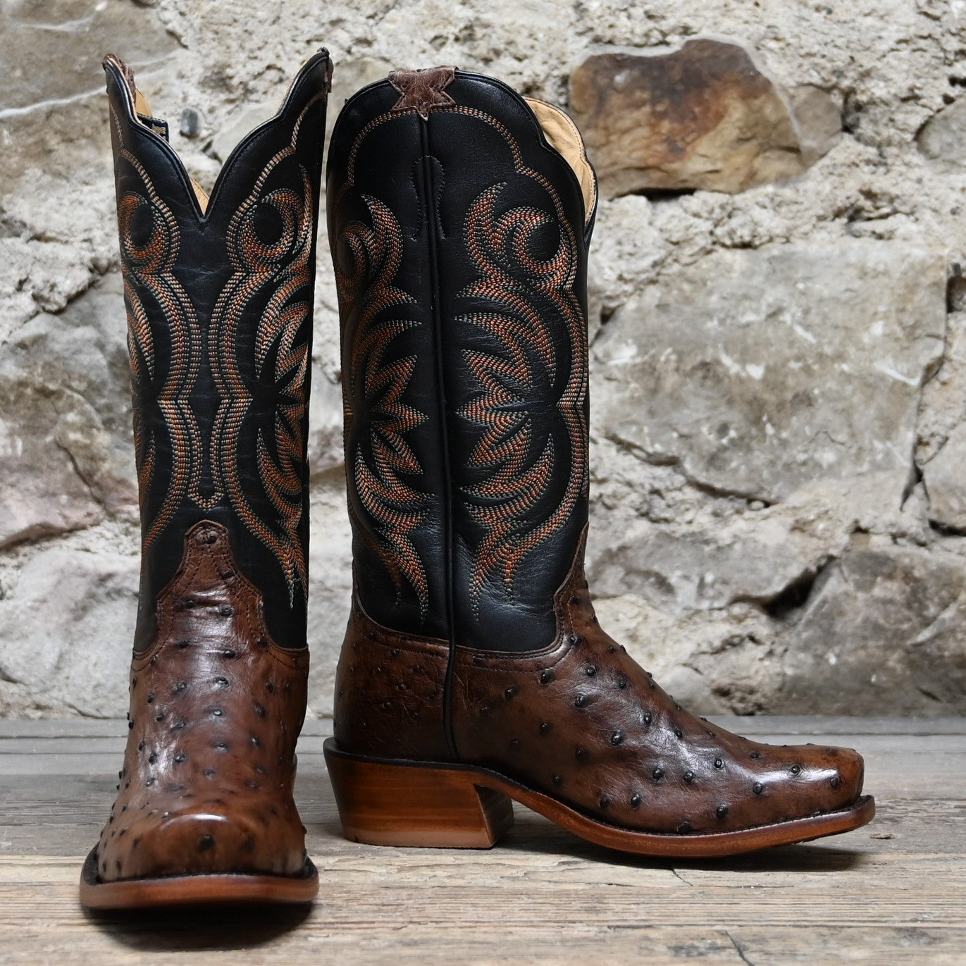View of Hyer COLBY 13" boots showcasing Tabac Full-Quill Ostrich leather vamp and Black Top-Shelf Cowhide top with Cutter toe and Underslung heel