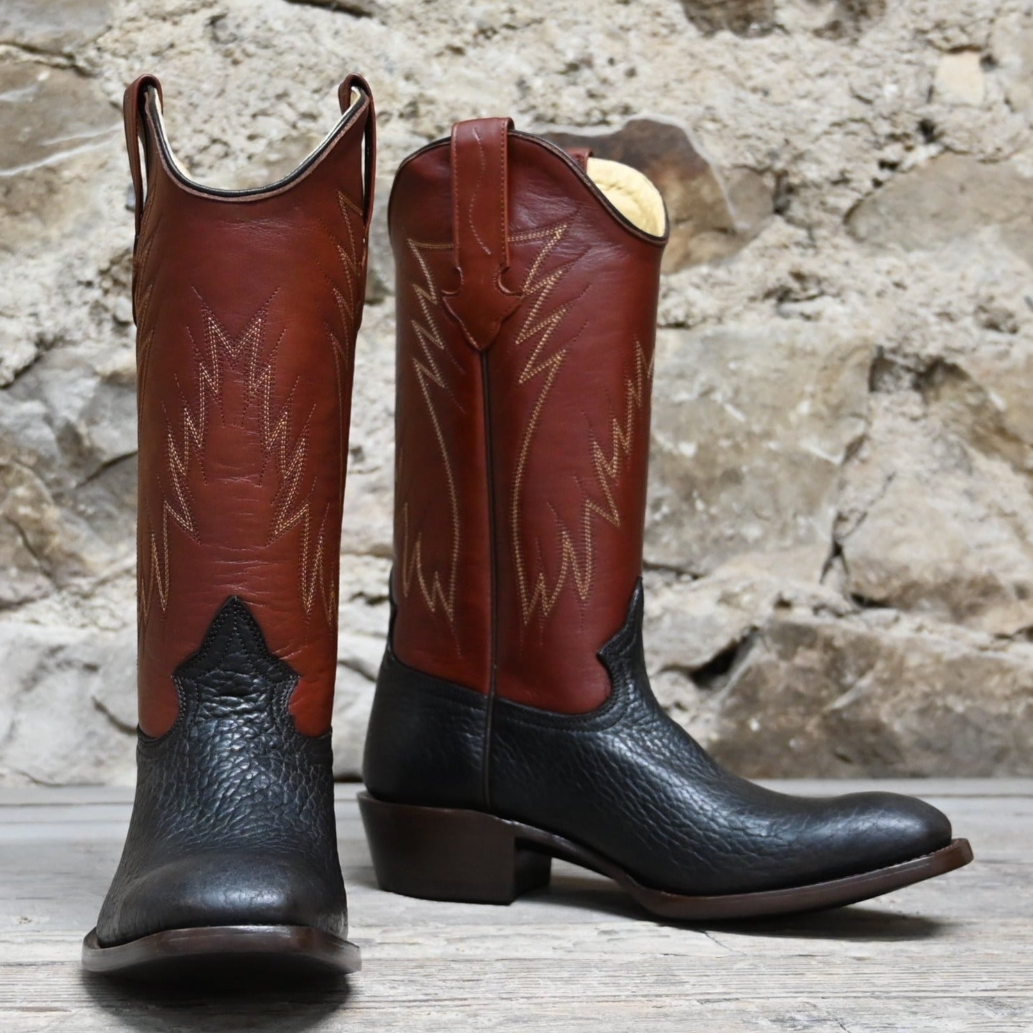 Nutted Calf Tobacco Bison Town Boot on Custom "Cowboy" Last view of front and side