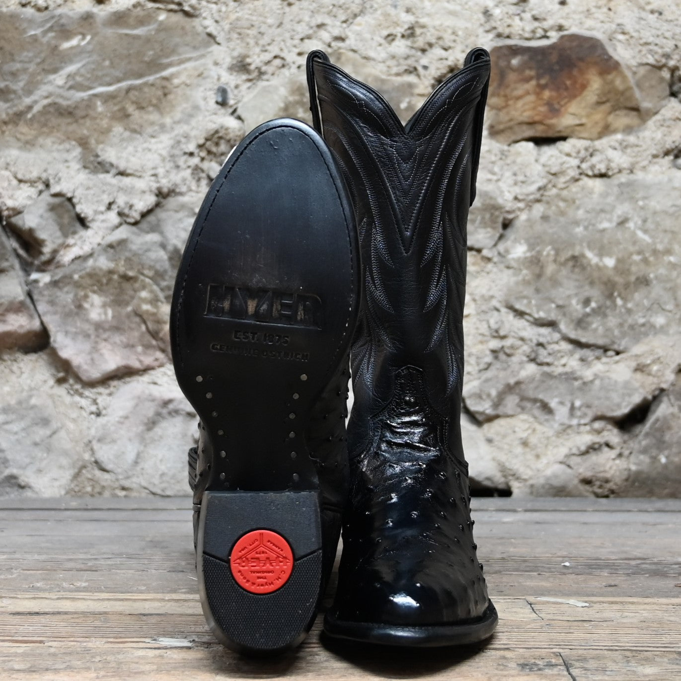 View of Hyer HAVEN 13" boots showcasing black full-quill ostrich leather vamp and black Ranch Hand cowhide top with round toe and underslung heel
