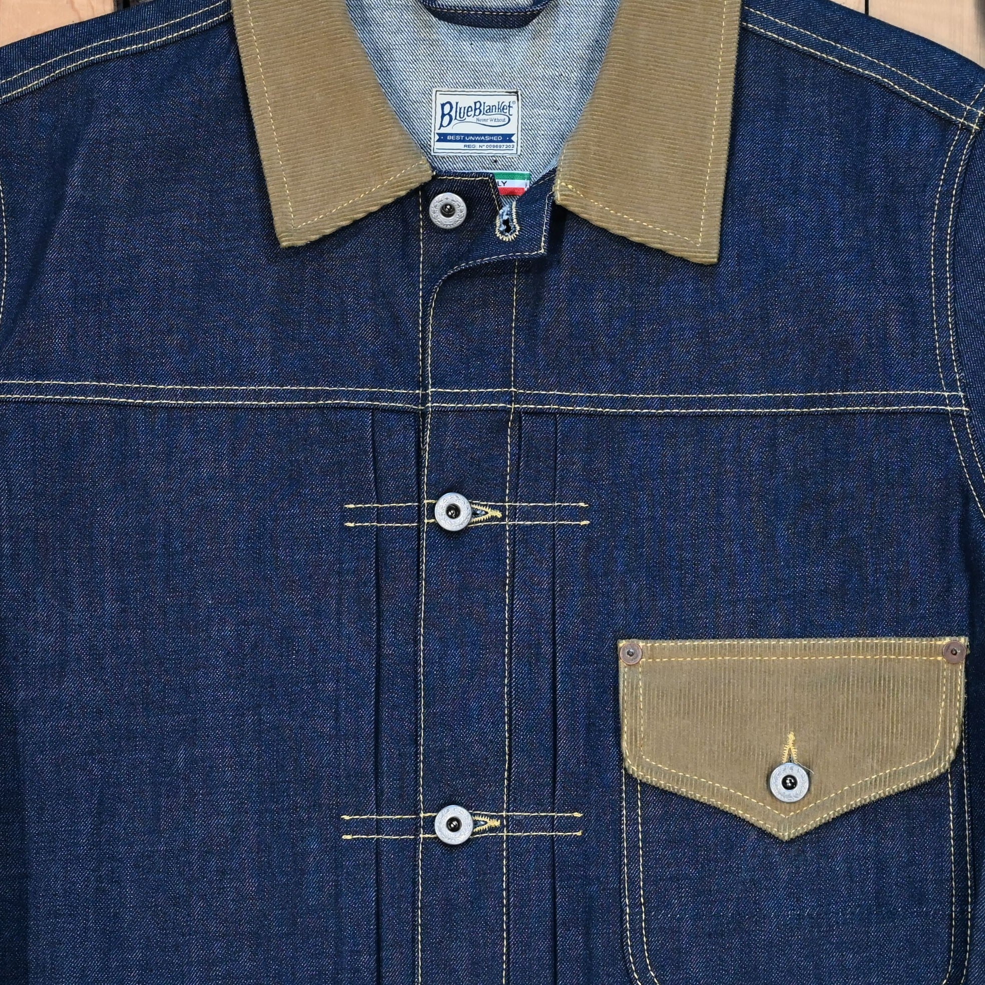Blue Blanket Corduroy Collar Denim Jacket in Pure Indigo with flap pockets and metal buttons