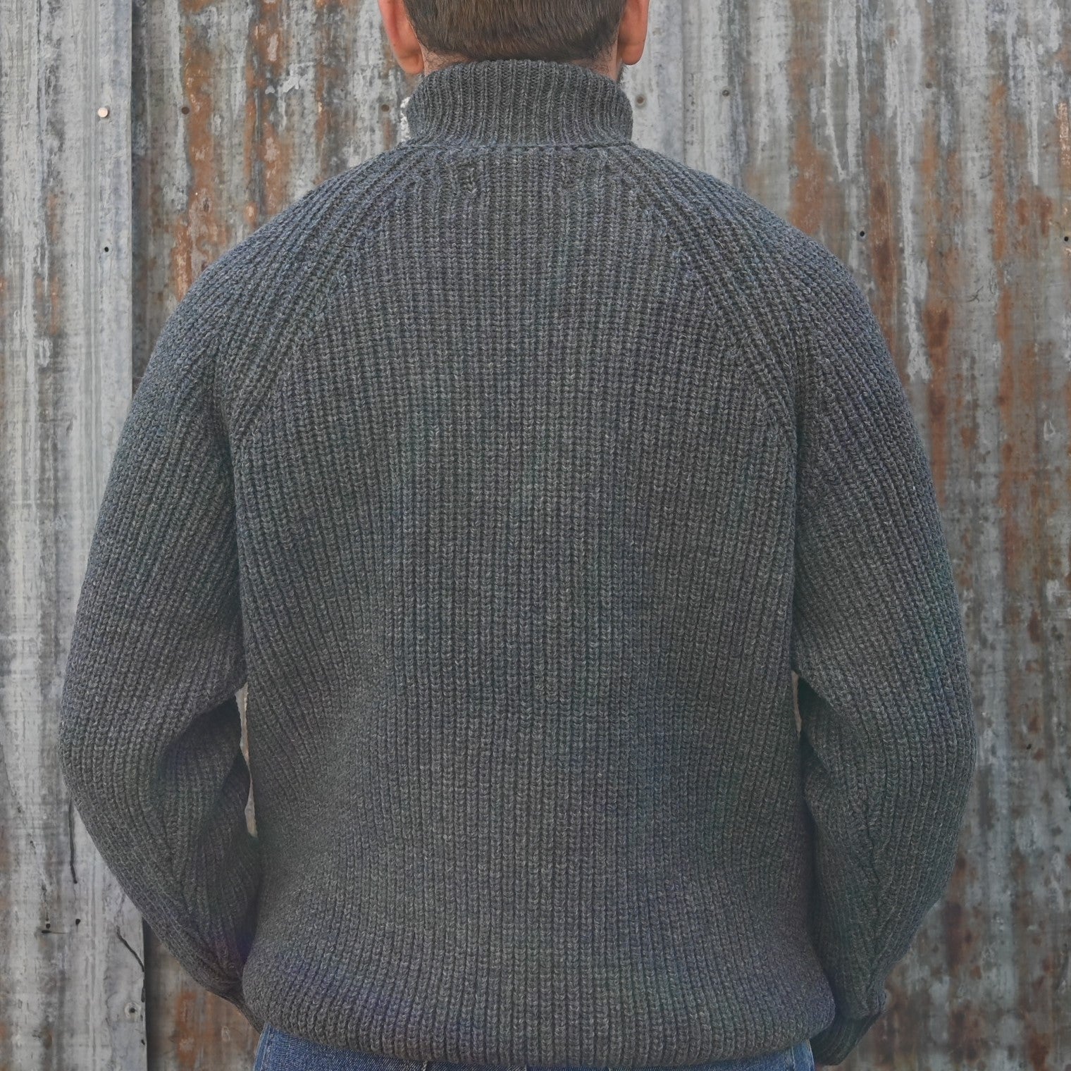 View of Filson Bristol Roll Neck Sweater in Heather Grey featuring vertical fisherman&