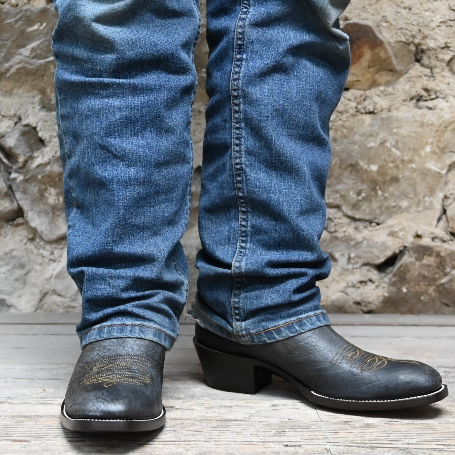 Nutted Calf Tobacco Bison Boot on Custom "Cowboy" Last view of front and side on model size 10.5