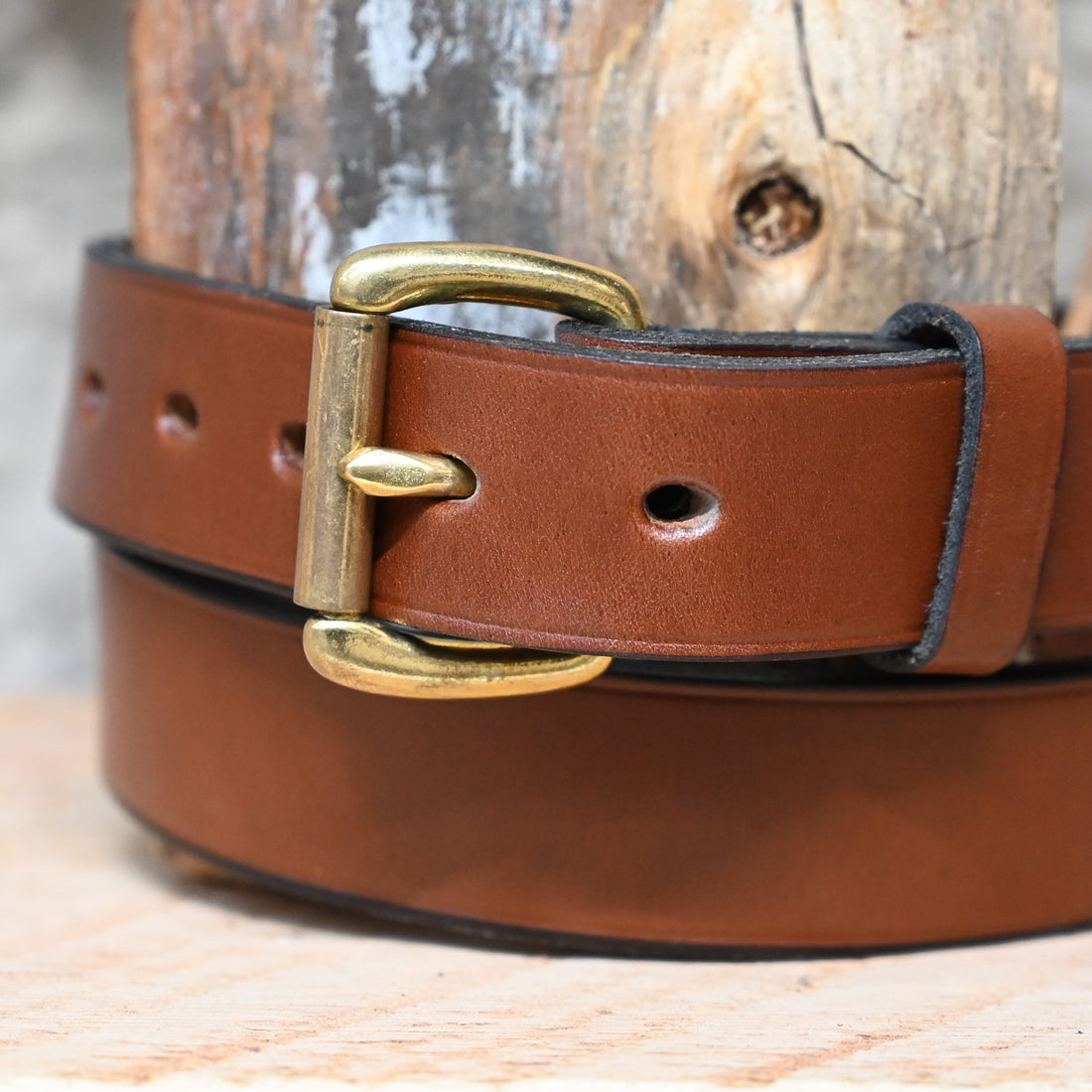 1.25" Unlined Brown Belt close up view