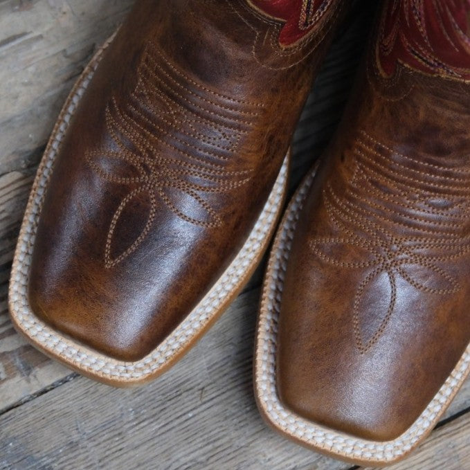 Hyer Boots Little River in Brown and Red with a broad square toe.