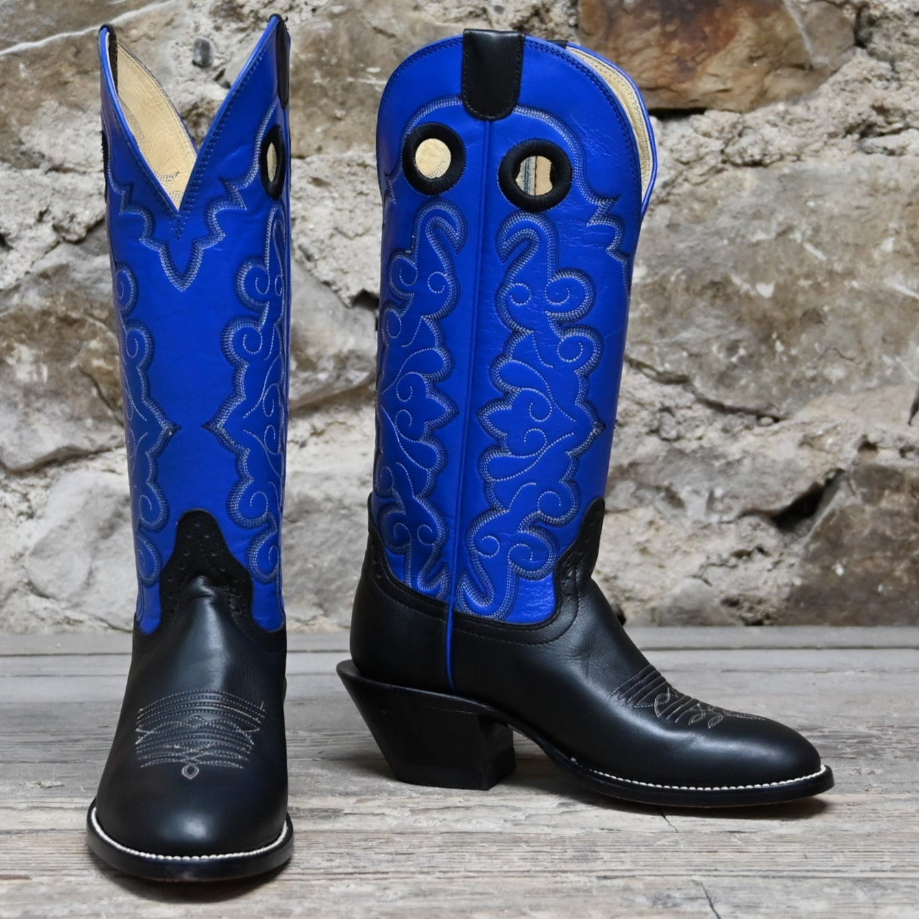 View of Hondo 14" cowboy boot with royal blue top, black retan vamp, medium round toe, and spur ledge