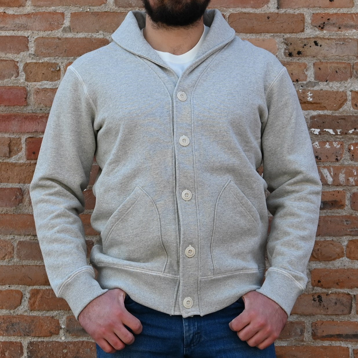 View of Blue Blanket men’s gray cotton sweater with button-up front