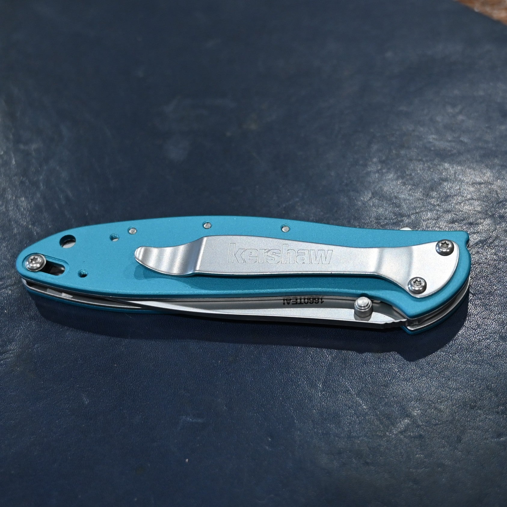 Kershaw Leek folding knife with teal aluminum handle and stainless steel blade