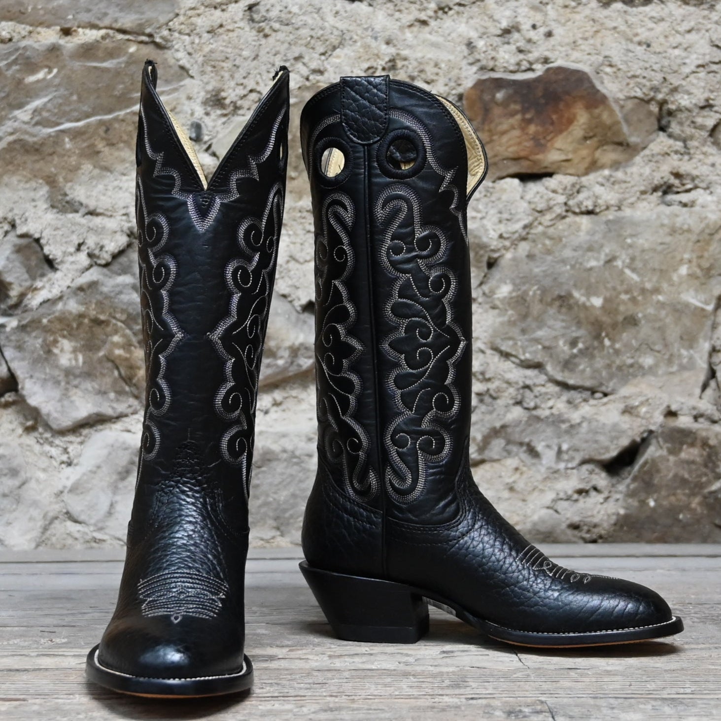 View of Hondo 14" black cowboy boot with bullhide vamp, cowhide top, and medium round toe