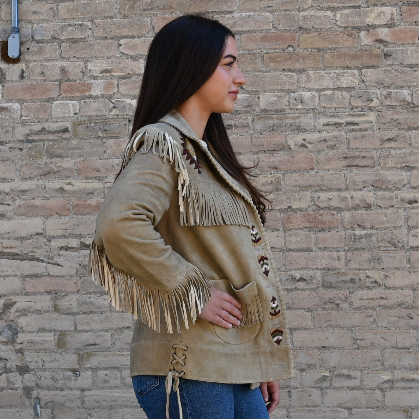 Double D Ranch Ennis Goat Suede Fringed Jacket with Beading