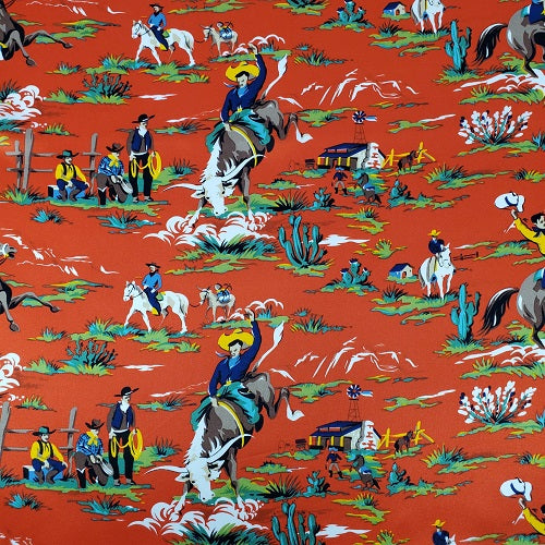 Cowboy Images Charmeuse Retro Cowboy Red Wild Rag 36x36