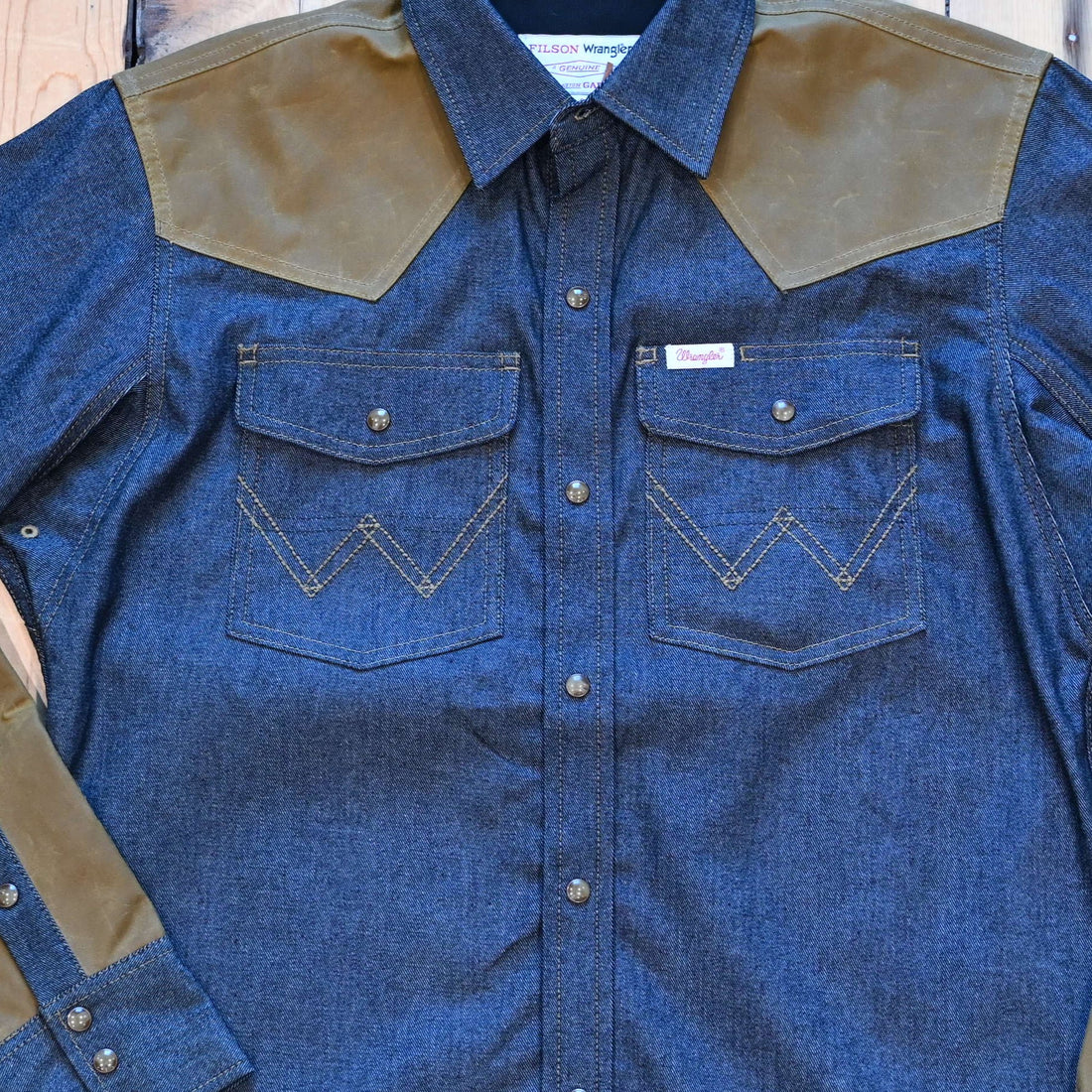 Filson × Wrangler Two-Tone Adventure Shirt in indigo and tan with contrast canvas overlays