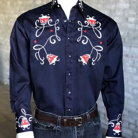 View of Rockmount men’s navy embroidered western shirt with tulip details and red saddle stitching
