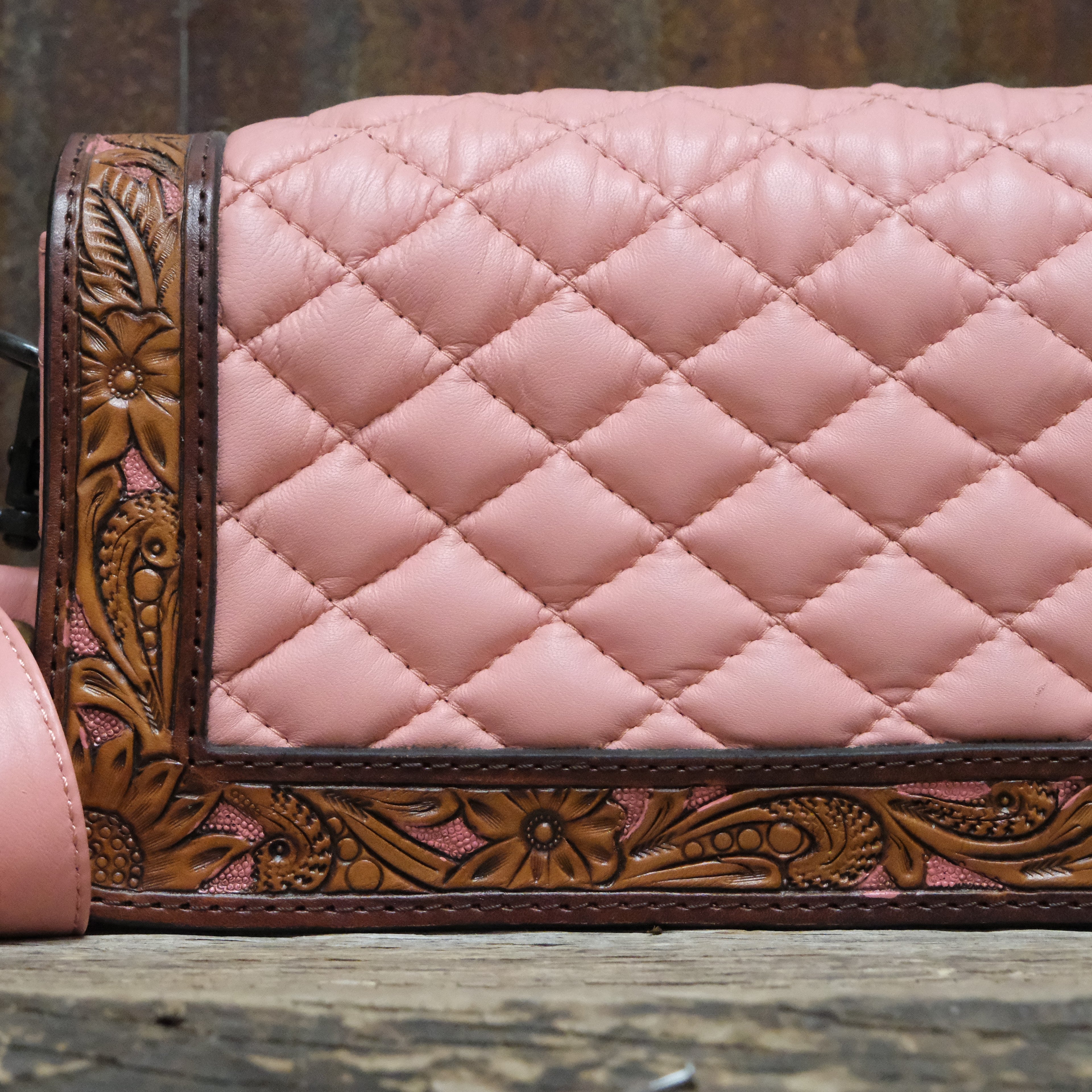 American Darling quilted leather crossbody bag in pink with tooled floral border