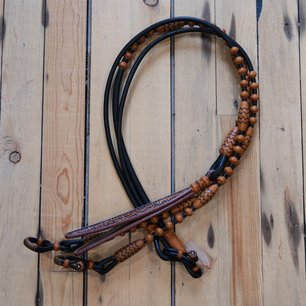 Traditional Rawhide 30 Plait 102" Romel Reins Black with Brown Accents