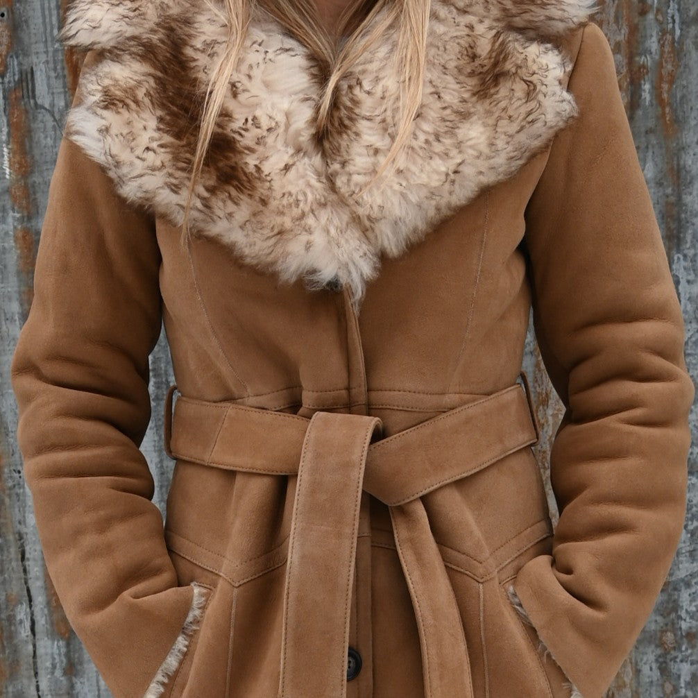 Schaefer Outfitter ladies long shearling coat full-length belted design