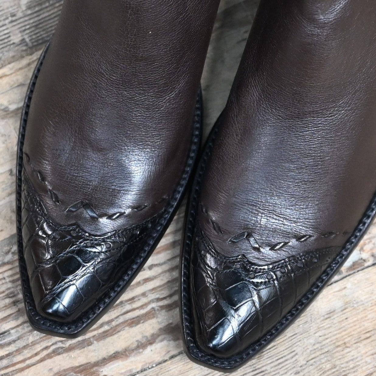 View of Stallion Ladies Zorro zip boot in espresso calf with black alligator wingtip and small square toe