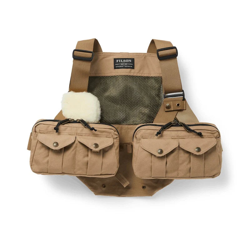 Filson dark tan mesh fishing strap vest with large front fly-box pockets and back mesh panel