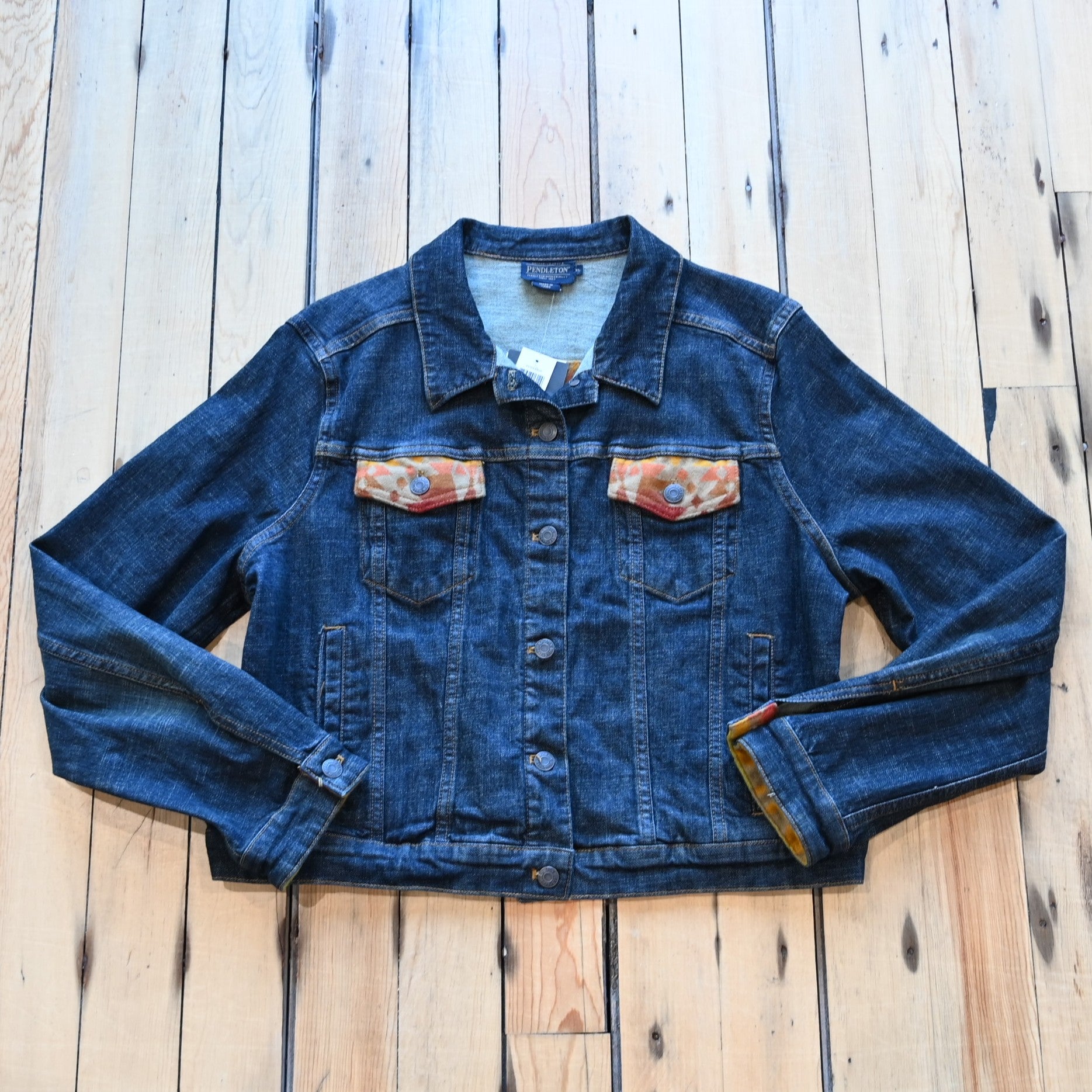View of Pendleton denim jacket with Pinto Mountains wool trim on yoke and cuffs
